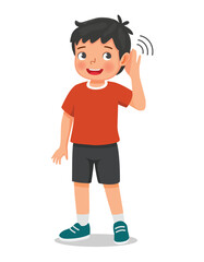 Little boy try listening carefully by putting his hand to ear because his hearing problem
