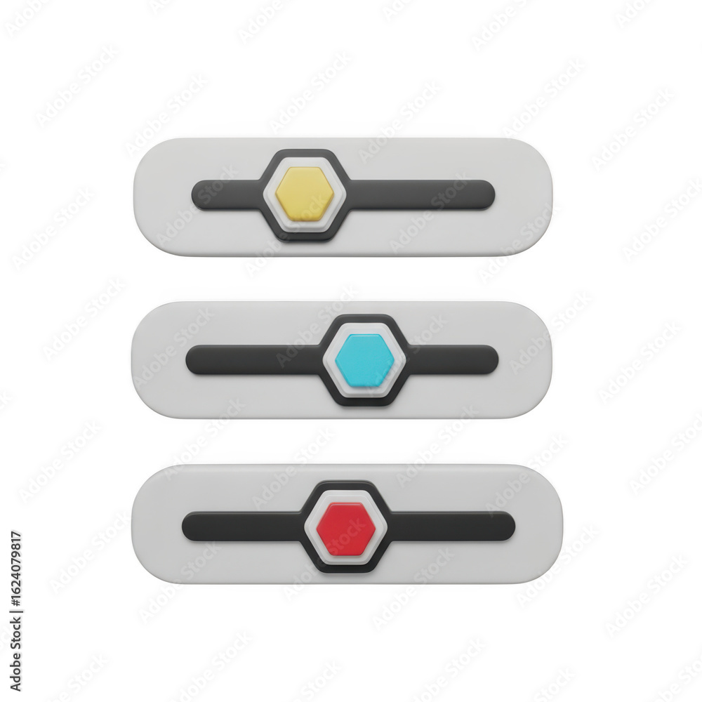 Aufkleber 3d icon of set of three sliders with yellow, blue, and red hexagonal controls isolated on transparen