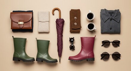 Flat lay of autumn clothing and accessories including boots umbrella and coffee mugs on beige backdrop