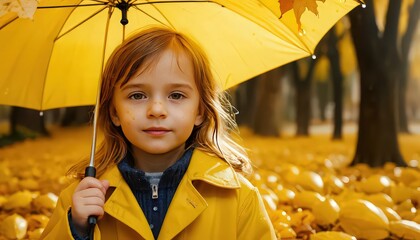 A young girl in a yellow raincoat holding a matching umbrella standing in a park with fall leaves