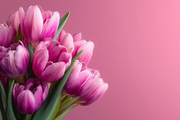 Fototapeta premium Flat lay of pink tulips on a soft pink background with copy space, minimalist pastel floral banner for spring themes and International Women's Day, top view in high-resolution with professional detail