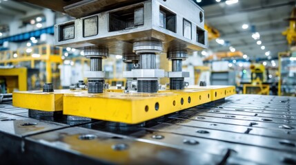 Fototapeta premium A large metal machine in a factory setting, with yellow components and a blurred industrial background.