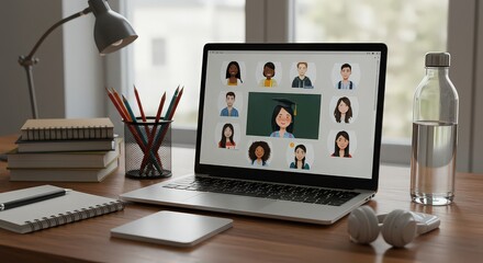 A laptop displays a video conference call with participants on a wooden desk with study materials