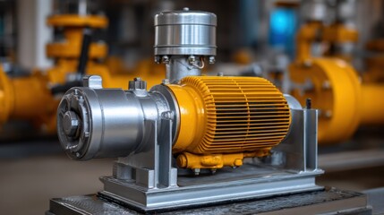 A large industrial pump with a yellow motor and a silver casing, situated in a factory setting.
