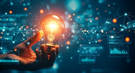 Hand holding a brightly glowing light bulb with a futuristic blue digital network and data interfaces.