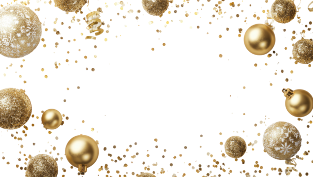 Gold Christmas ornaments and glitter confetti frame on black background