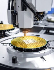 Close-up of automated machinery precisely processing a gold-toned circular wafer