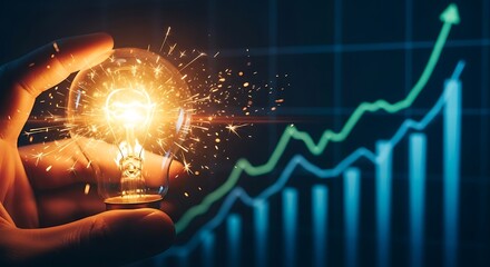 Hand holding a brightly sparking light bulb with a glowing filament against a dark background featuring an upward trending green financial graph.