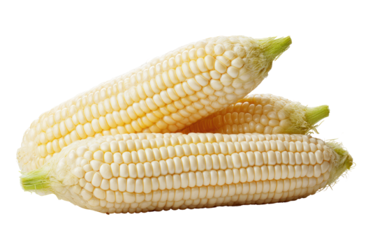 Three fresh, pale yellow corn cobs, stacked.  Close-up, isolated against a black background.  Cob kernels are visible.  Green silks are evident