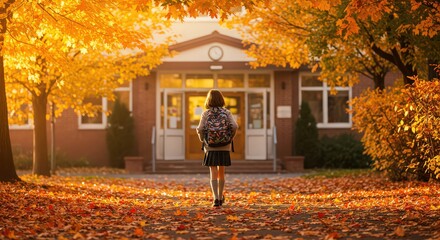 Girl with backpack walking towards school building in autumn with fallen leaves on the ground