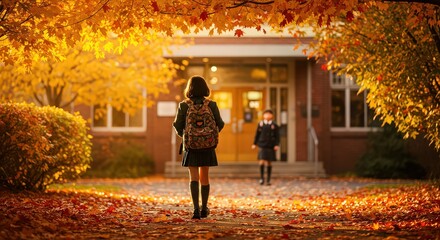 A student walking towards school building in autumn with fallen leaves and golden foliage overhead