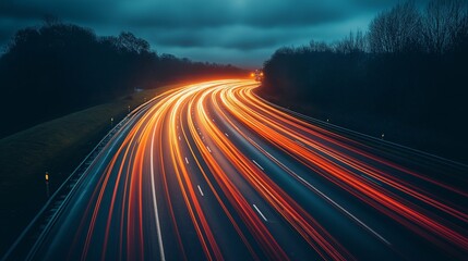 Fototapeta premium Long exposure highway lights at night with motion trails and moody sky