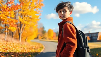 A young boy with a backpack stands on a path surrounded by autumn trees under a bright blue sky day
