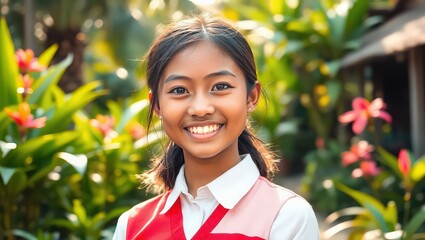 A portrait of a smiling young girl in a red vest with flowers and green foliage in the background