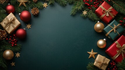 Top view Christmas scene with pine, baubles, and gifts around green copy area