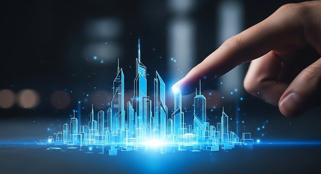A human finger touches a luminous, abstract holographic cityscape with glowing blue lines and light trails emerging.