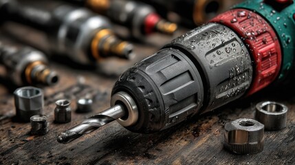 A close-up of a black and red drill bit on a wooden surface with various drill bits and tools in the background.