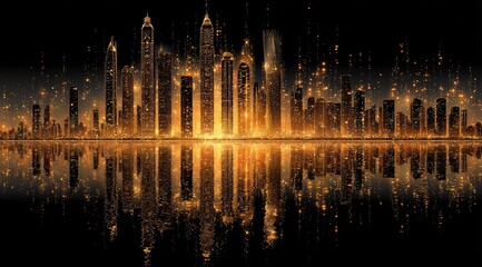 Glittering cityscape reflected in calm water at night