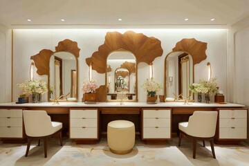 Elegant bathroom with three vanities, mirrors, floral accents, chairs, and tile