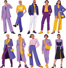 Trendy street fashion outfits, modern color blocking style, purple and yellow clothing, stylish people posing in bold contemporary attire