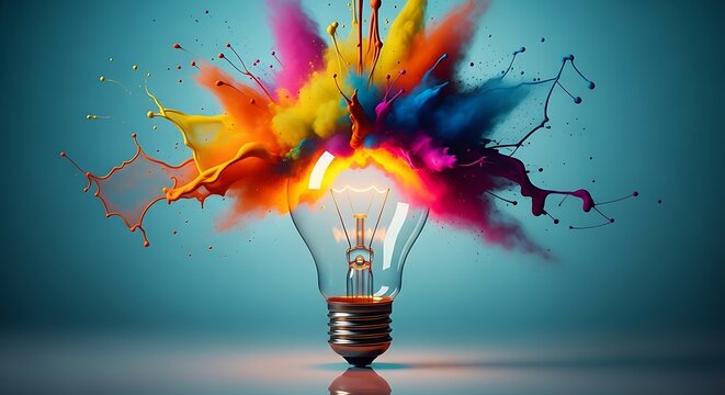 Glowing Light Bulb Exploding with Vibrant Colorful Powder and Paint Splashes on a Bright Blue Background - Powered by Adobe