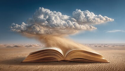 Open book in desert, cloud above
