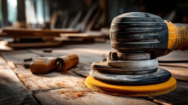 A workshop scene with a circular sander and various tools on a wooden table.