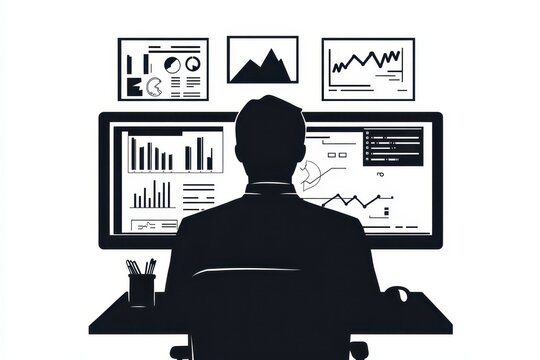 Man analyzing graphs on monitor icon vector illustration isoleted on white background in black silhouette complex photo . - Powered by Adobe