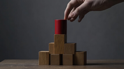 Hand Placing Red Cylinder on Wooden Block Pyramid
