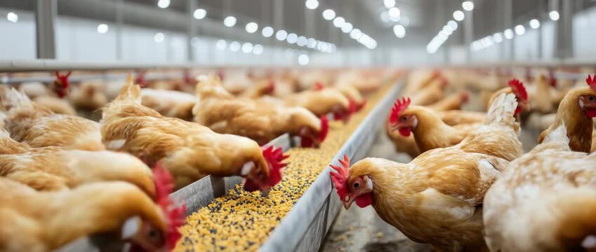 Numerous chickens eating feed inside of large modern poultry farm under bright lighting