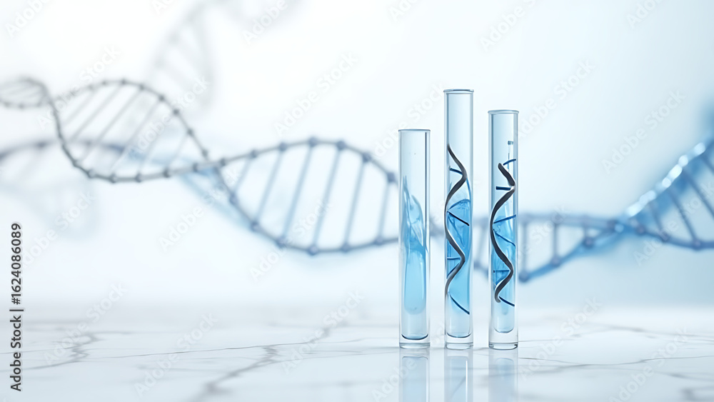 Poster scientific research and development with dna helix and laboratory vials representing biotechnology a