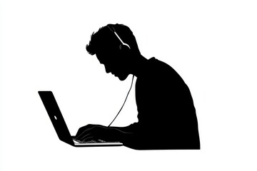 Man attending webinar on laptop icon vector illustration isoleted on white background in black silhouette complex photo.