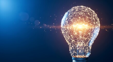 Digital network light bulb glowing brightly with interconnected lines and dots on a dark blue futuristic background