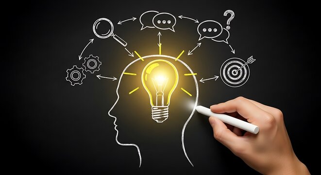 Hand drawing a glowing light bulb inside a human head profile with radiating idea icons on a blackboard - Powered by Adobe