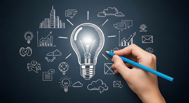 Hand sketching a bright light bulb surrounded by a diverse array of business and tech concept icons on a chalkboard.