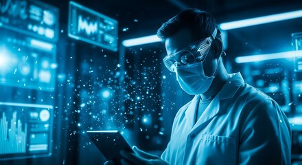 Focused scientist in lab coat and safety gear holding a tablet surrounded by glowing blue digital particles and screens.
