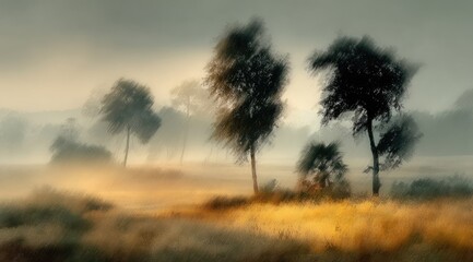 Obraz premium Misty dawn, windswept trees in golden field