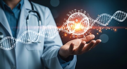 Doctor's Hand Holding a Luminous Holographic Virus and Interconnected DNA Strand in a Dark Scientific Environment