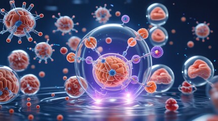 Medical nanobot repairing human cells. Futuristic nanotechnology for cellular health and gene therapy. Representation of biotechnology, biology, microbiology, science, medicine, and treatment.