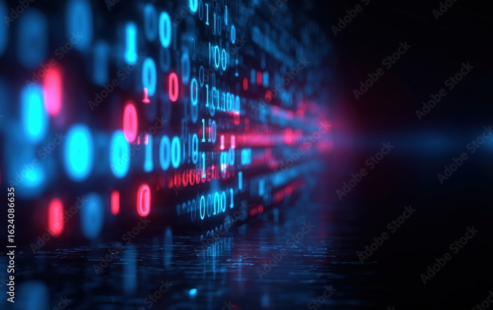Poster a futuristic digital background of glowing blue and red binary code, reflecting on a dark surface, s