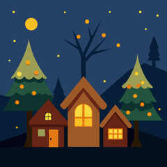 Fototapeta premium Cozy winter village scene with festive trees under a full moon