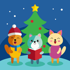 Naklejka premium Cute animals singing christmas carols by the tree