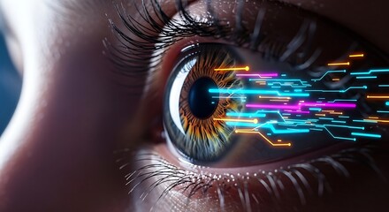 Highly Detailed Human Eye with Luminous Neon Digital Data Trails Radiating from the Pupil and Iris