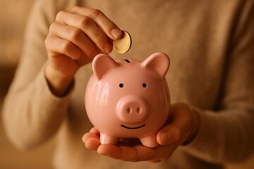 Person adds a golden coin to a cute pink piggy bank, symbolizing saving and financial growth.