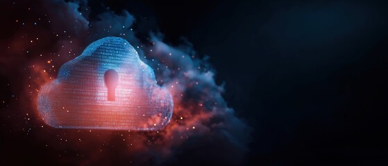 A glowing digital cloud made of binary code with a keyhole, symbolizing data security, privacy, and cloud technology against a dark, abstract background.