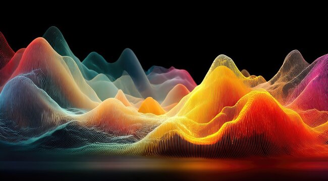 Colorful, abstract landscape of undulating, luminous hills against a black background