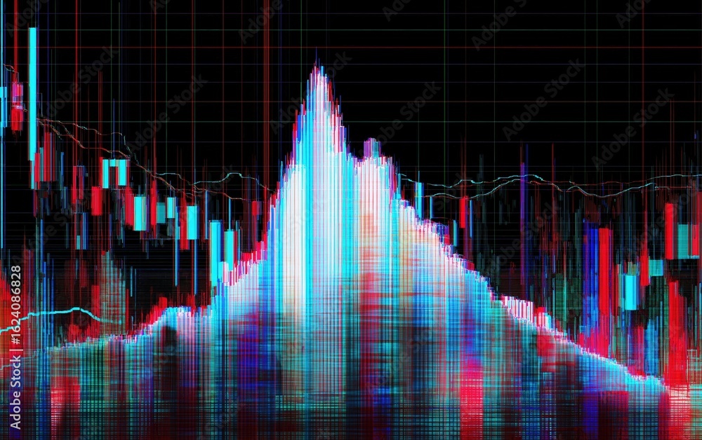 Poster a vibrant, abstract financial chart showing market volatility with colorful candlestick patterns and