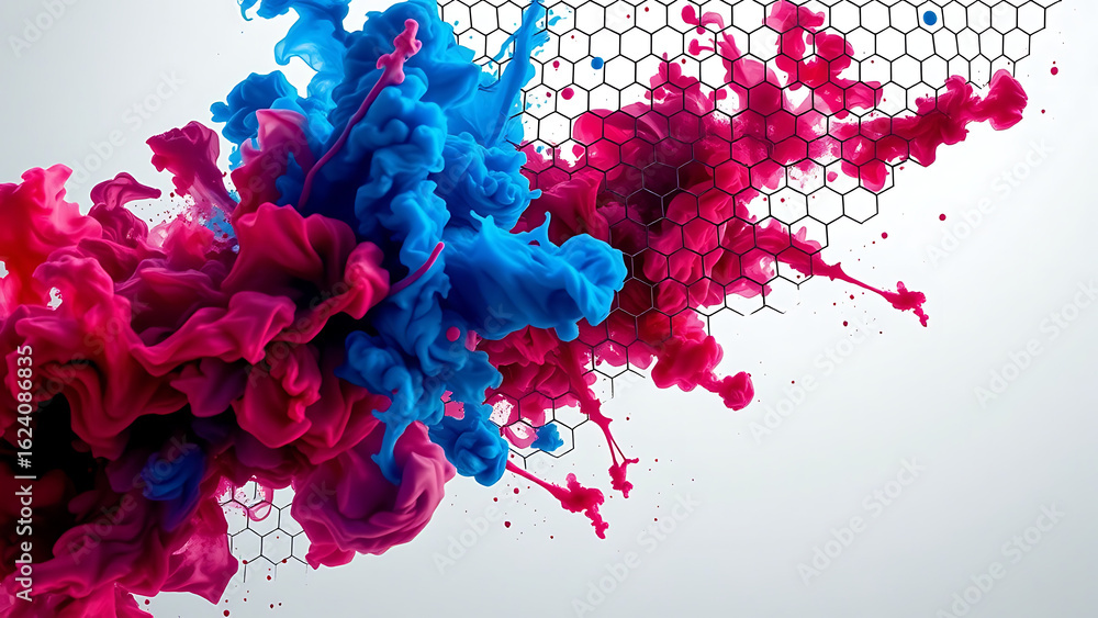 Poster vibrant blue and pink ink clouds swirl and collide in water creating an abstract explosion of color 