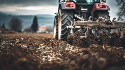 A tractor plowing a field with a red and black color scheme.