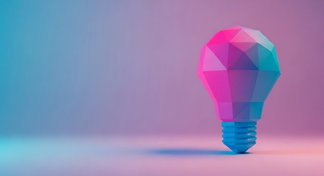 Striking low-poly 3D light bulb with vibrant neon pink and blue gradient facets standing on a minimalist studio surface. - Powered by Adobe